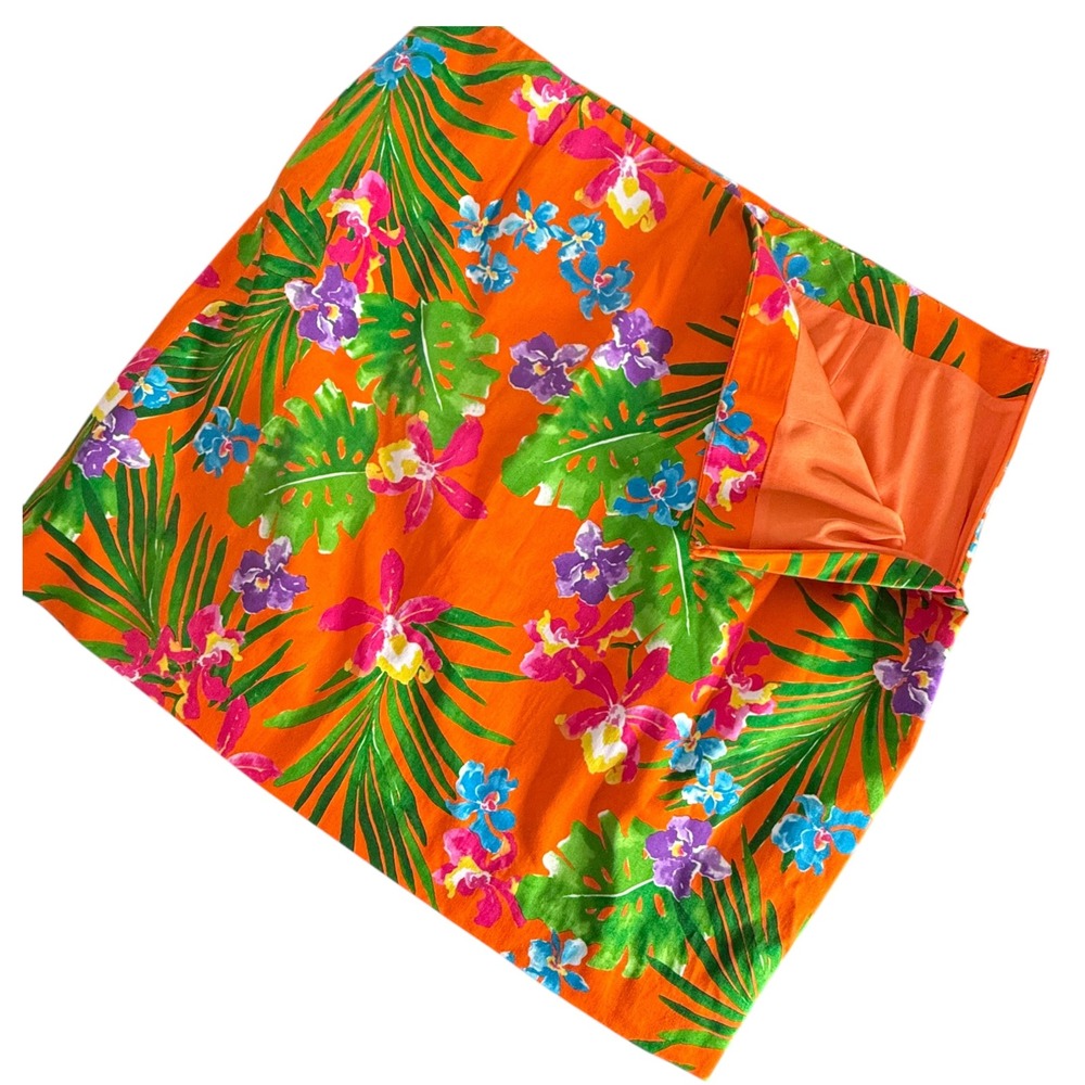 Ralph Lauren Black Label Silk Cotton Tropical Mini Skirt 12 Orange Floral Luxury